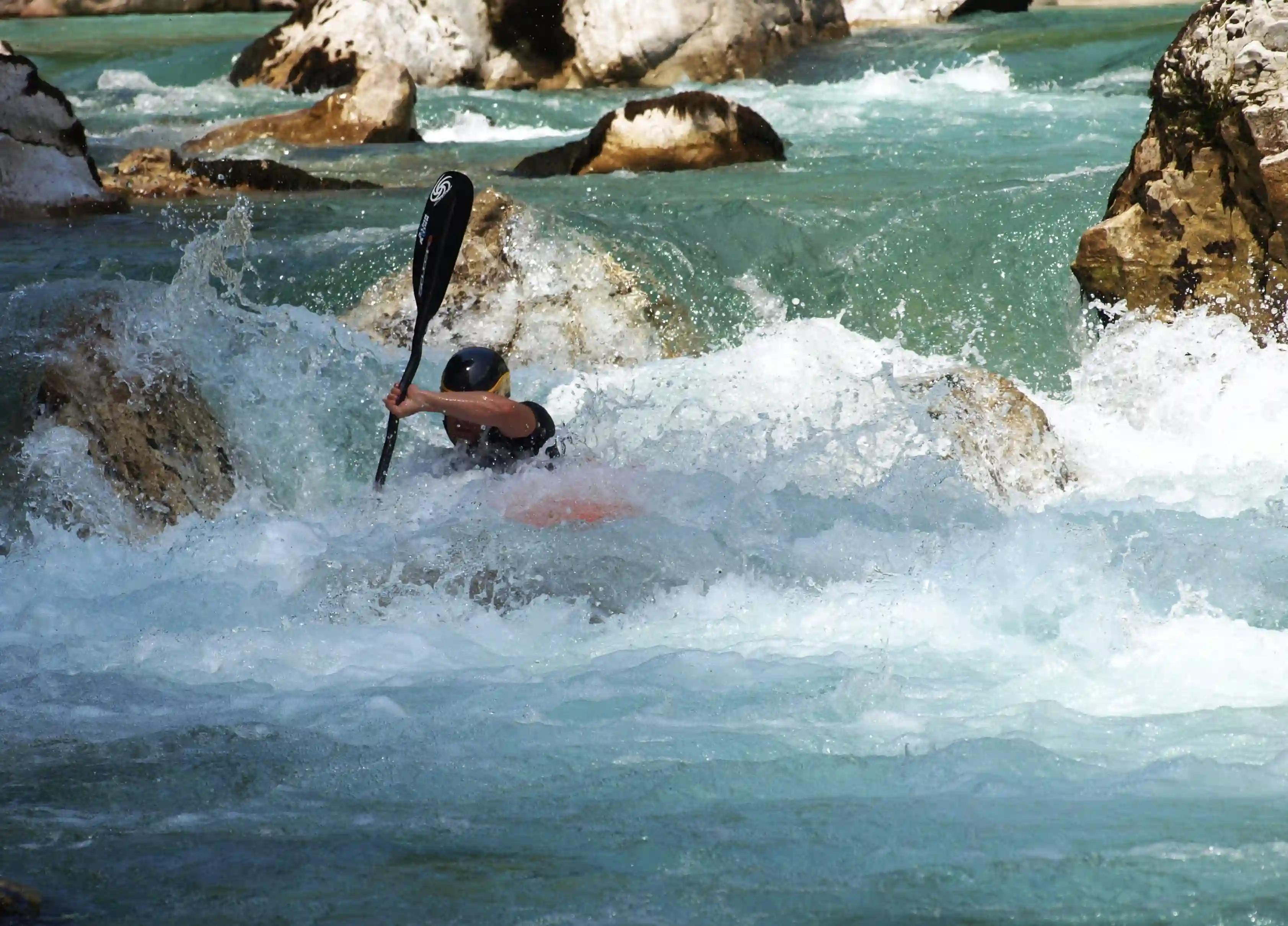 Boofing on the slalom section of the Soca river